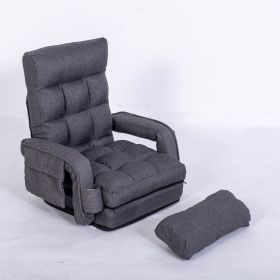 Lazy Sofa Bed Fold Floor Chair Soft Sleeper In Home Lounger Recliner 6-Position Adjustable with Armrests Pillow Dark Gray (Color: Gray)